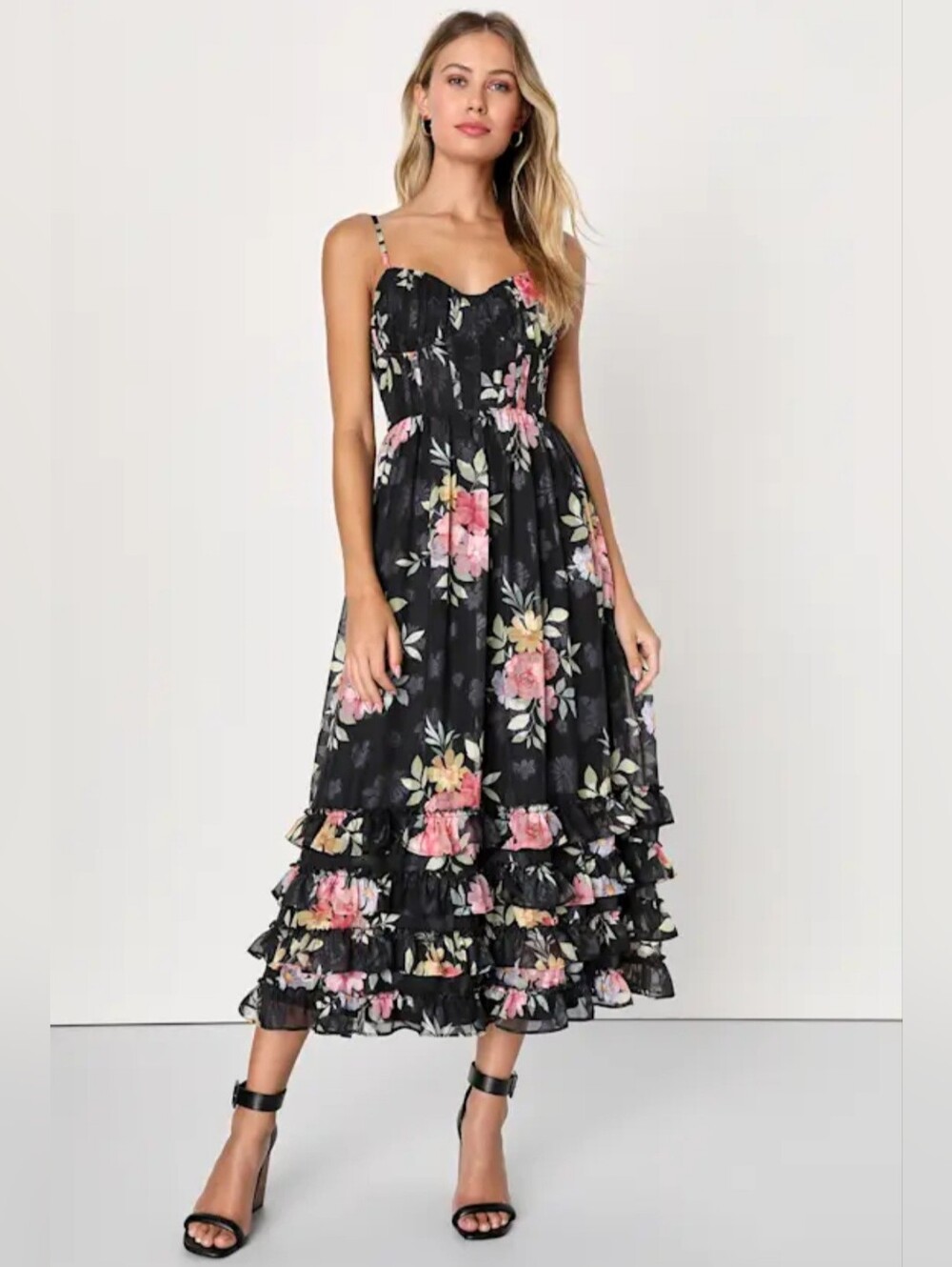 NEW Lulu's Elegant Radiance Black Floral Print Ruffled Bustier Midi Dress